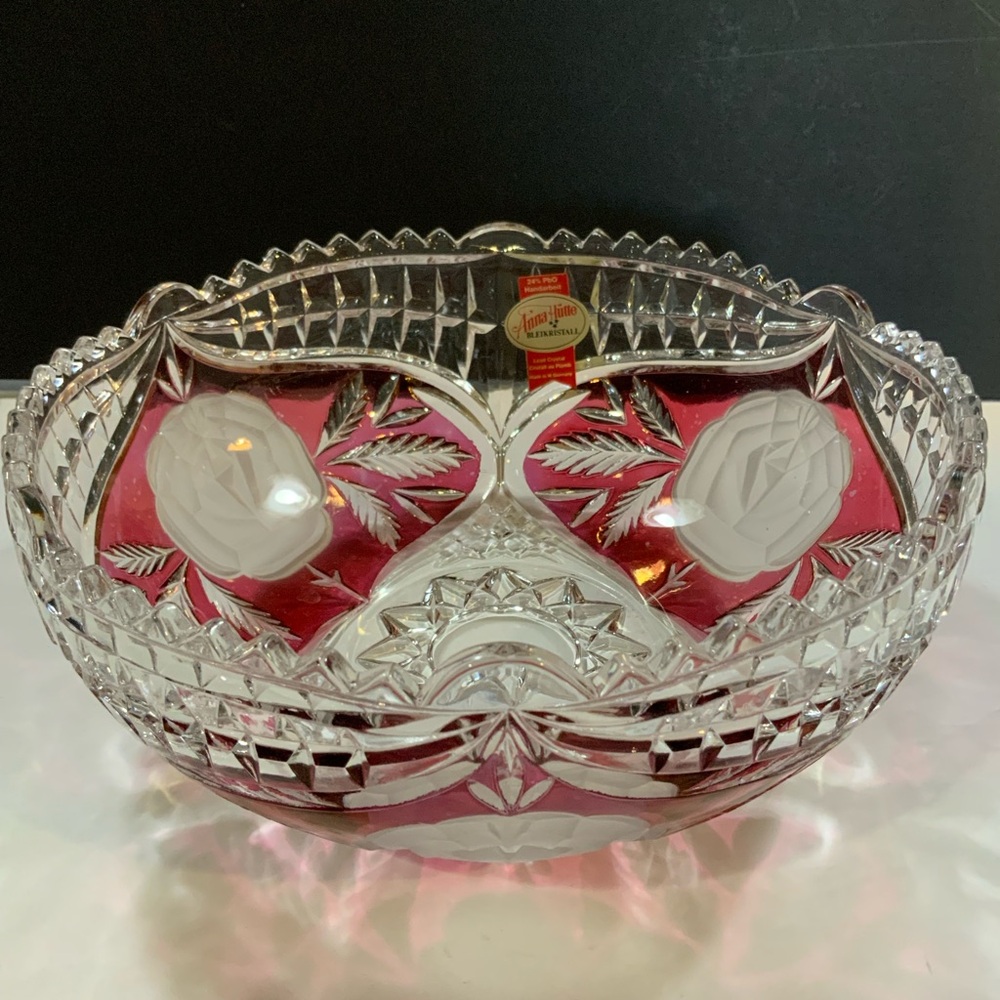 Anna Huttle Bowl Serving Lead Crystal Bleikristall Cranberry 8 in #48